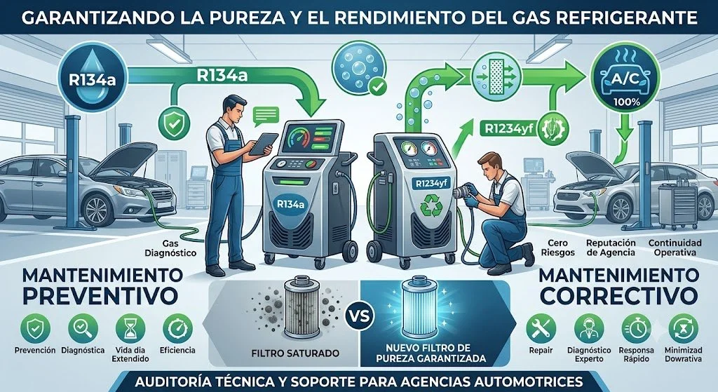 Diagrama que explica el proceso de mantenimiento preventivo y correctivo del gas refrigerante R134a en autos, mostrando la certificación de pureza con filtros saturados y nuevos, y el sistema de reparaciones y diagnósticos en un taller automotriz.