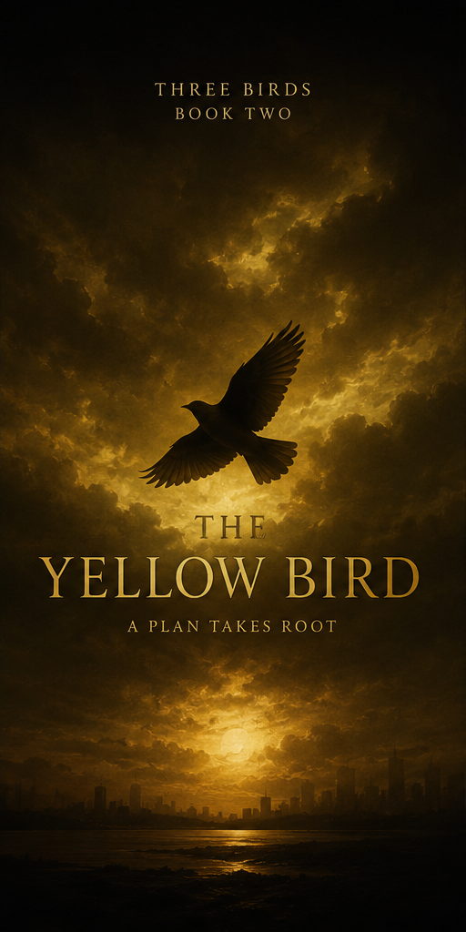 AI Generated Image. Book cover titled "The Yellow Bird" with a silhouette of a bird flying against a cloudy, sunset sky and a city skyline at the bottom.
