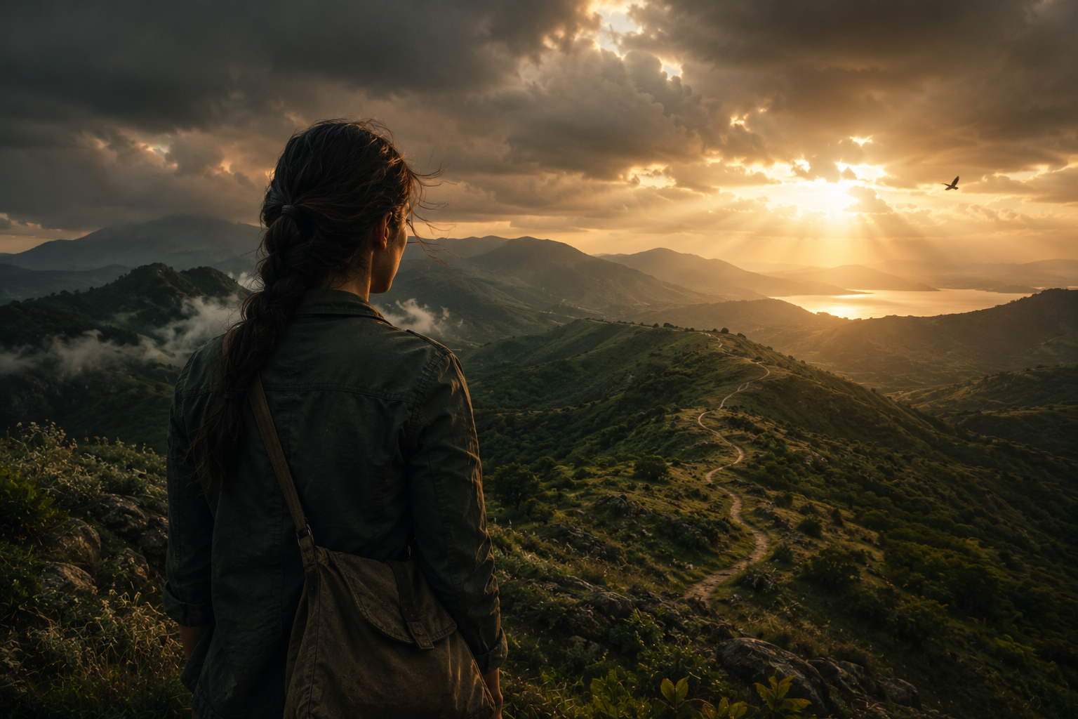 A woman with a braid and a backpack standing on a hilltop, overlooking lush green mountains and a winding trail at sunset, with clouds, a bird in flight, and the sun's rays breaking through. AI-generated via ChatGPT for illustrative purposes.