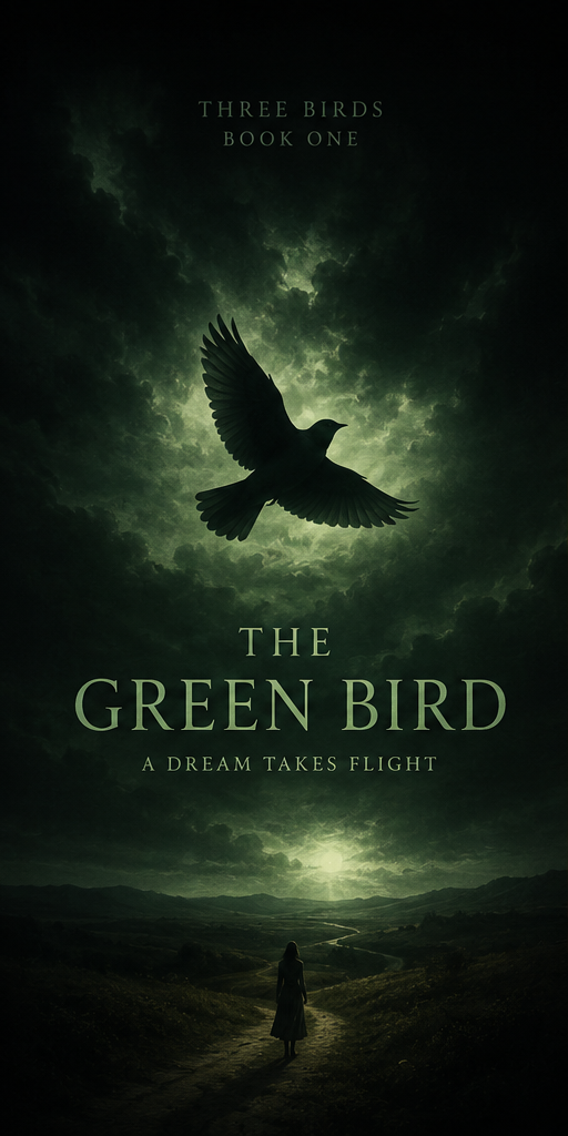 AI Generated Image. Dark cloudy sky with a large greenish moon and a silhouette of a woman standing on a trail in a landscape. A flying bird silhouette is prominent. Text reads 'Three Birds Book One: The Green Bird - A Dream Takes Flight'.