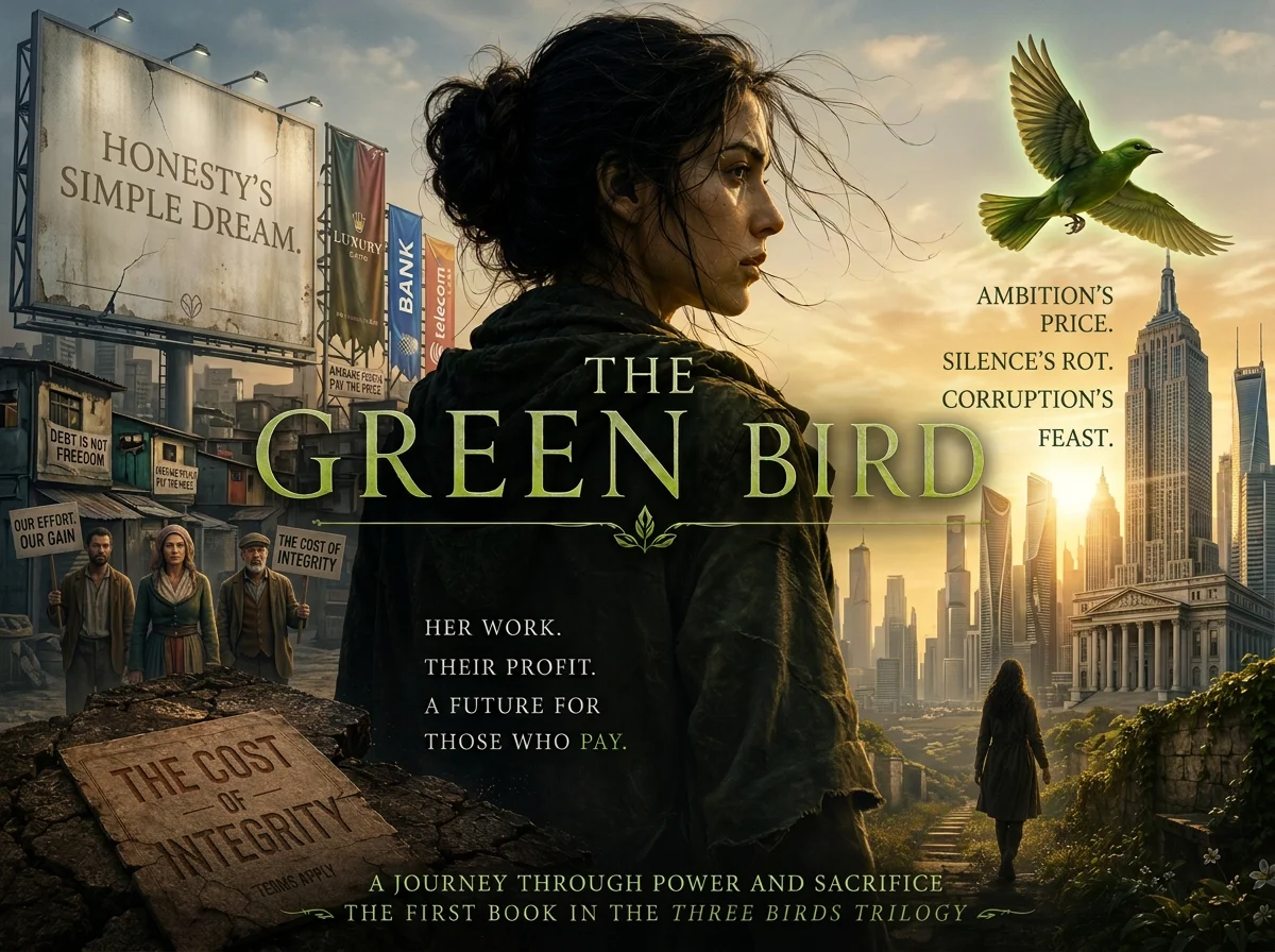 A woman with dark hair in a bun looking to the right, set against a cityscape with skyscrapers and a sunset sky. A green bird is flying near her face, and a person walks on a path in the background. The image features various signs and text including "The Green Bird," "Honesty's Simple Dream," and messages about integrity, sacrifice, and capitalism.