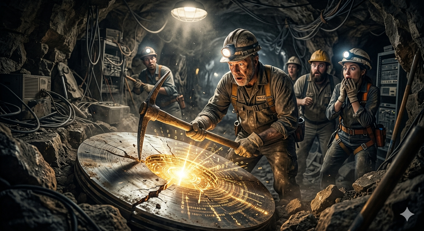 A group of miners in a tunnel using high-tech equipment to cut through a large gemstone or crystal. They are wearing helmets with headlamps, and the scene is illuminated by their lights and a glowing digital interface on the gemstone.