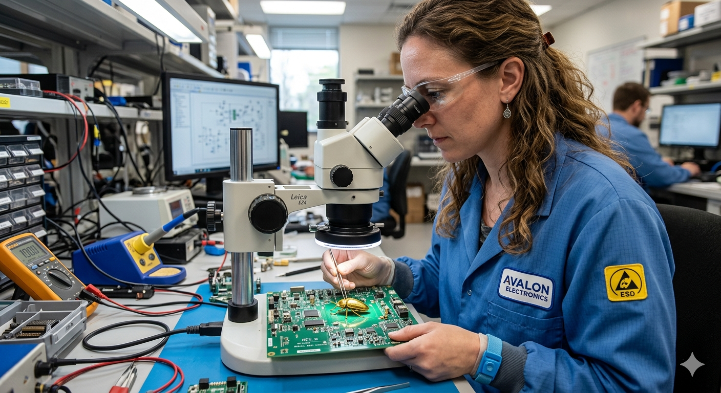 Woman working in electronics lab with microscope, soldering circuit board, and various testing equipment.