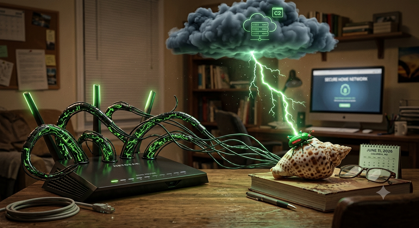 A computer setup with a device emitting digital green holographic circuits connected to a conch shell on a desk. Lightning and a storm cloud graphic hover above the shell.