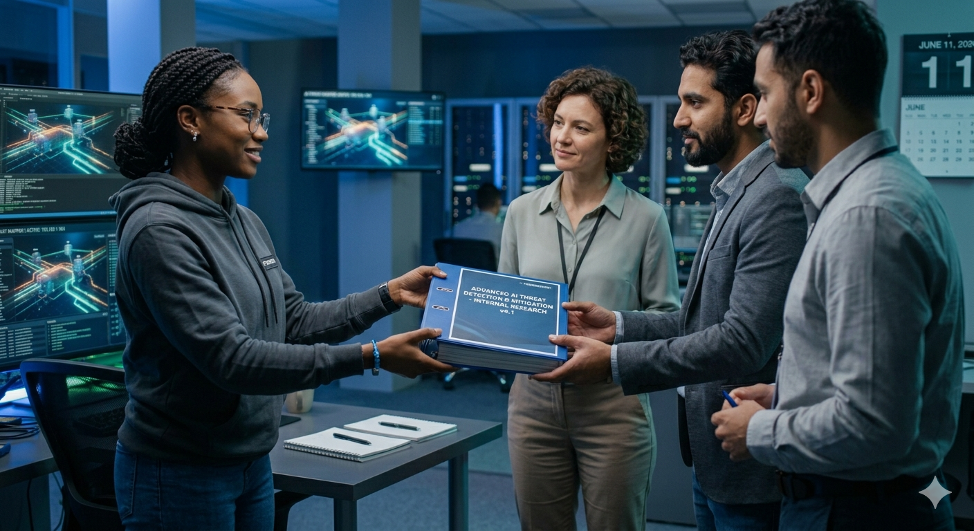Team in a high-tech control room exchanging a folder or file