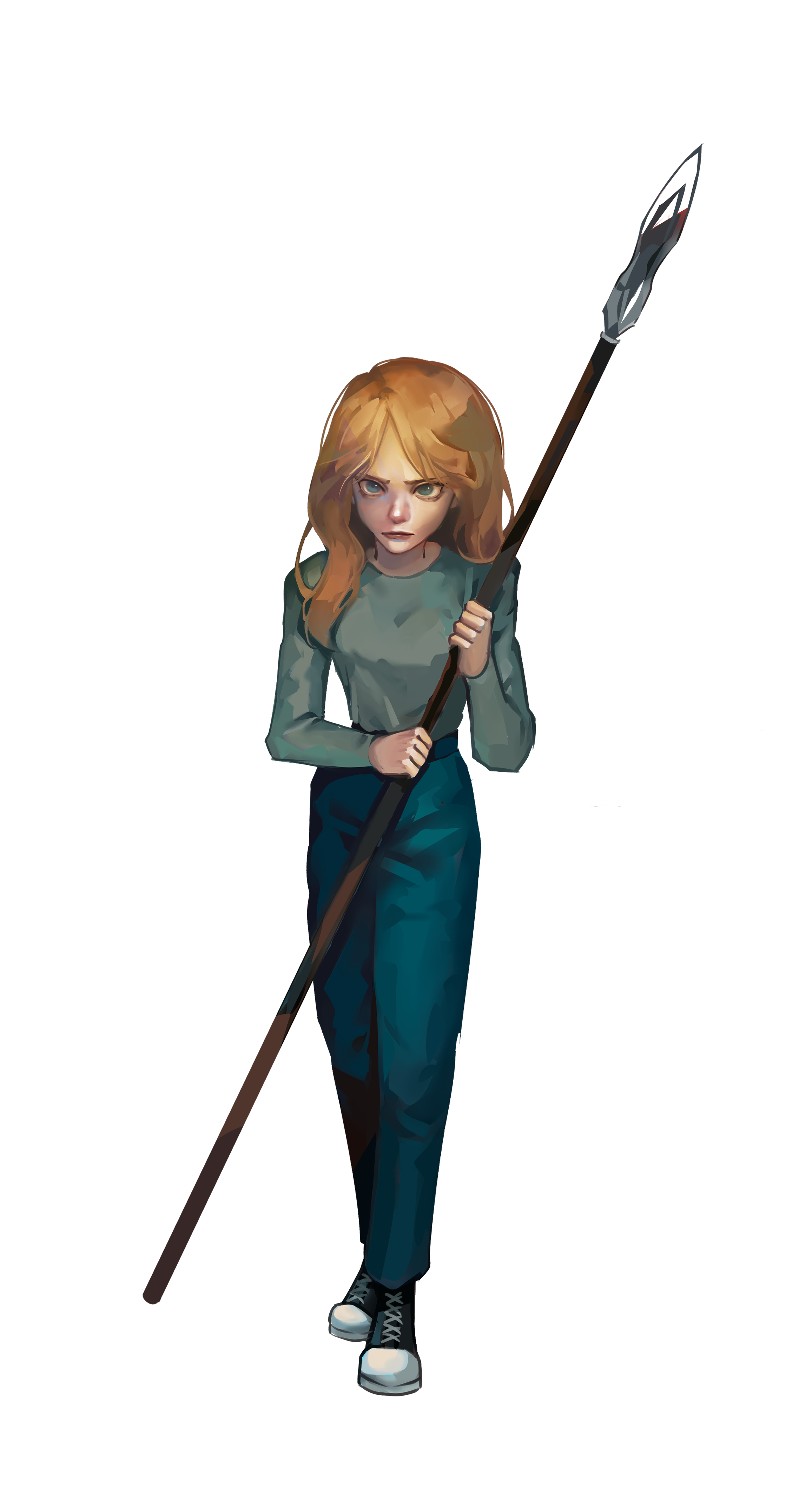 Digital artwork of a young woman with red hair holding a large axe, standing in a casual pose, with a dark background and cinematic lighting.