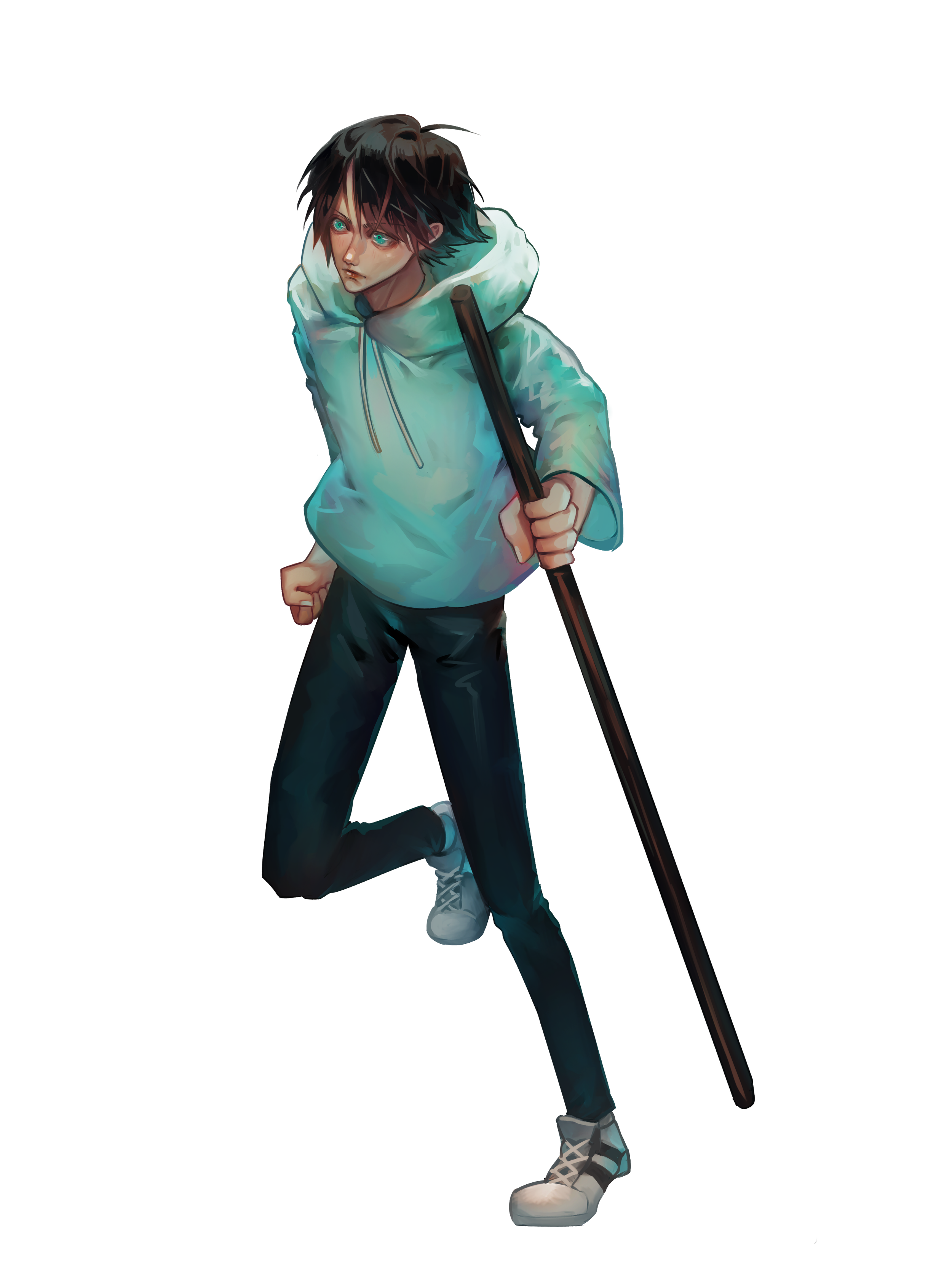 Digital illustration of a young person with dark hair, wearing a light hoodie, black pants, and sneakers, holding a staff or pole, in a stylized pose with a serious expression.