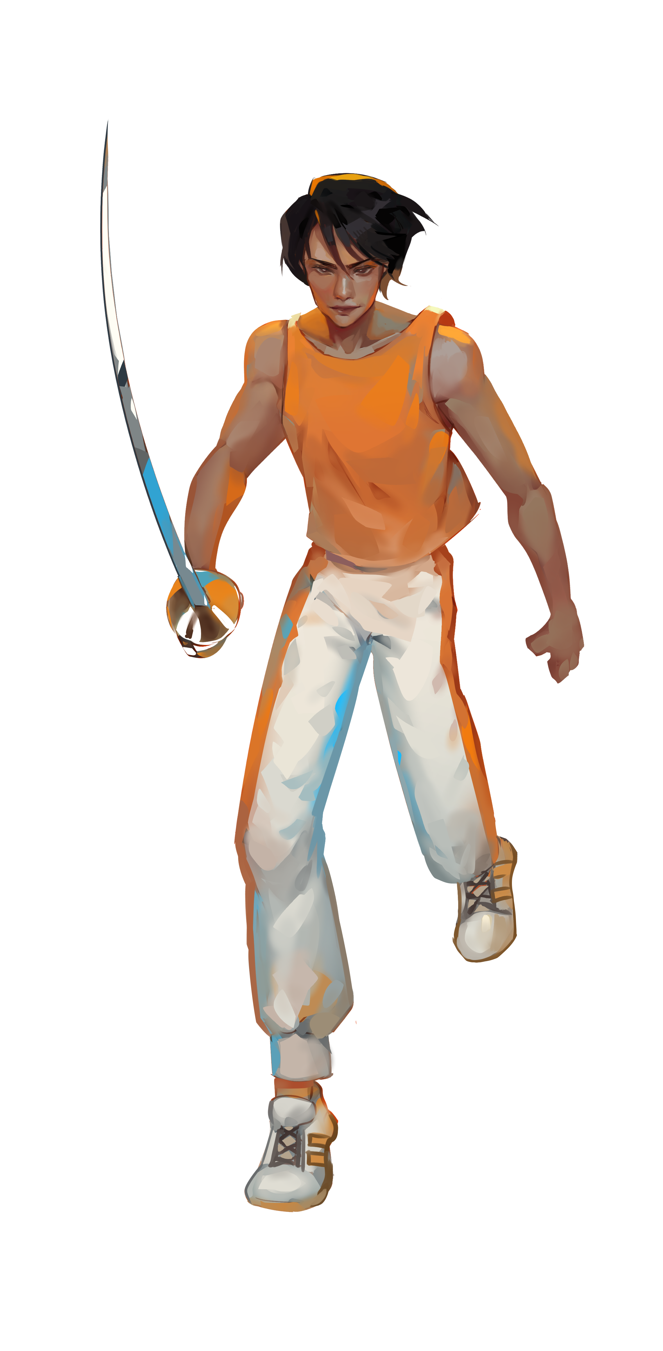 A woman dressed in vintage athletic outfit holding a tennis racket in a ready stance.