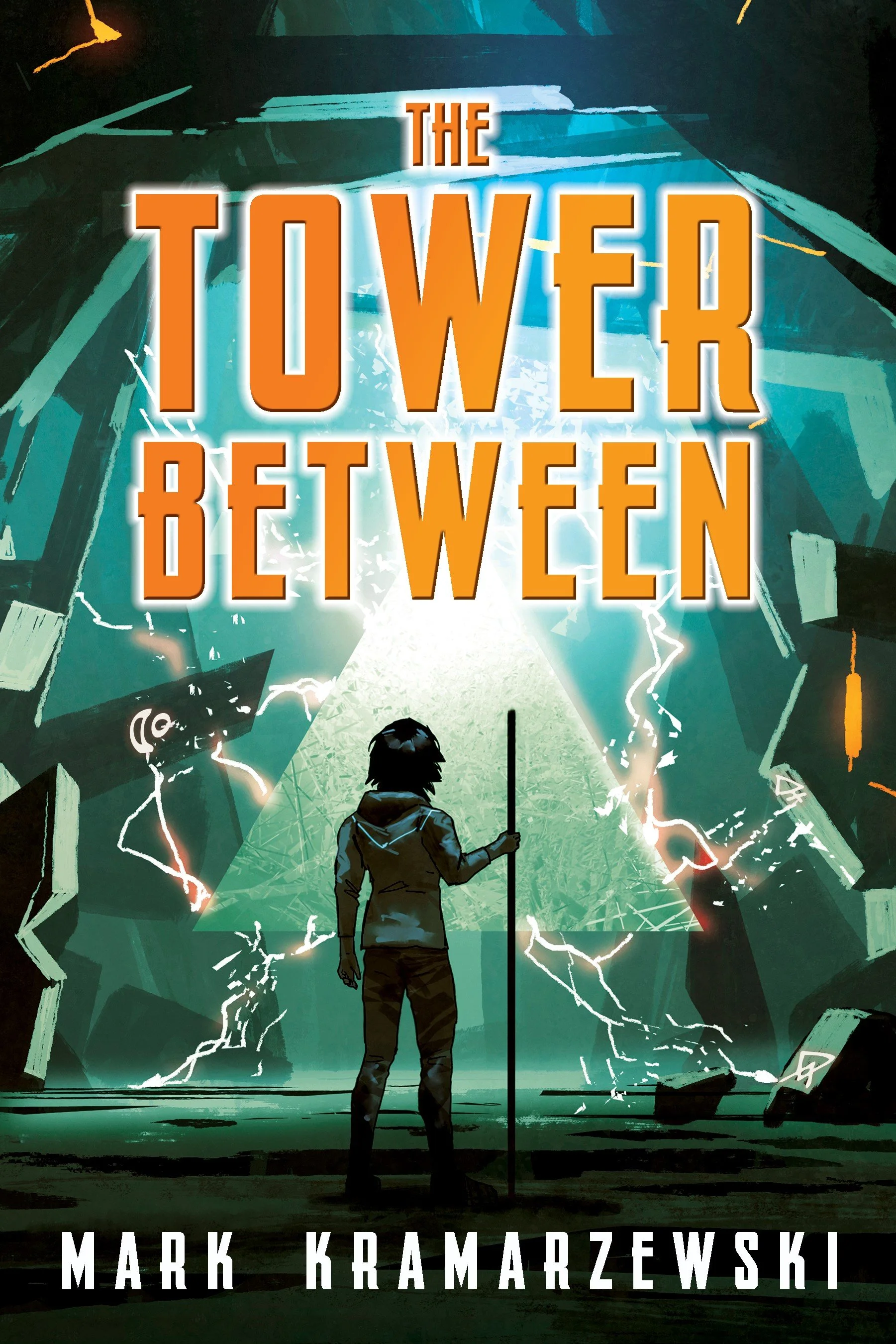 A person standing with their back turned, holding a staff, silhouetted against a large, glowing, opening tower structure with animated lightning streaks. The title 'The Tower Between' is prominently displayed at the top, with the author's name, Mark Kramarzeski, at the bottom.