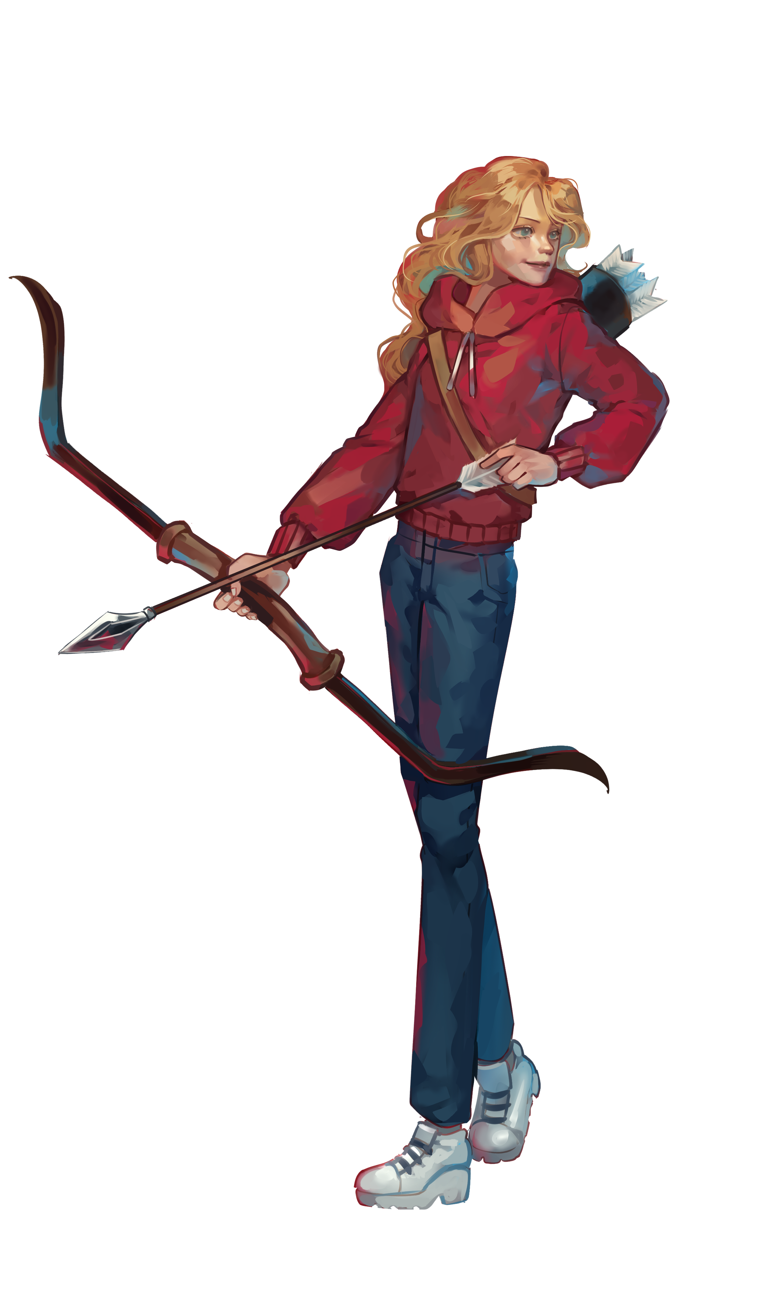 A young woman with long wavy blonde hair, wearing a red hoodie, blue jeans, and white sneakers, is holding a bow and arrow, looking over her shoulder with a confident expression.