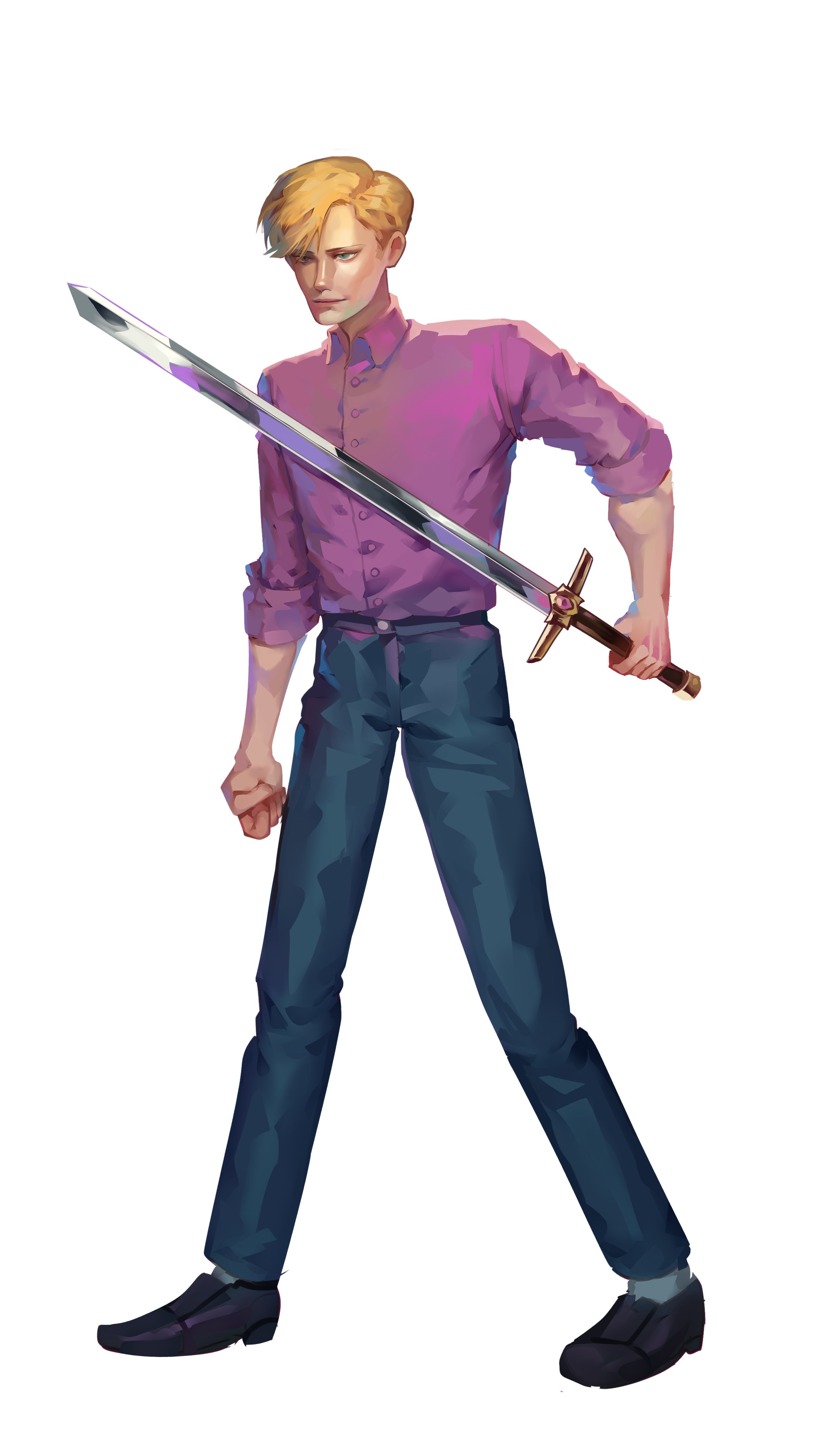 A young man with blonde hair, wearing a purple button-up shirt with rolled sleeves, dark pants, and black shoes, stands with a serious expression while holding a large sword.