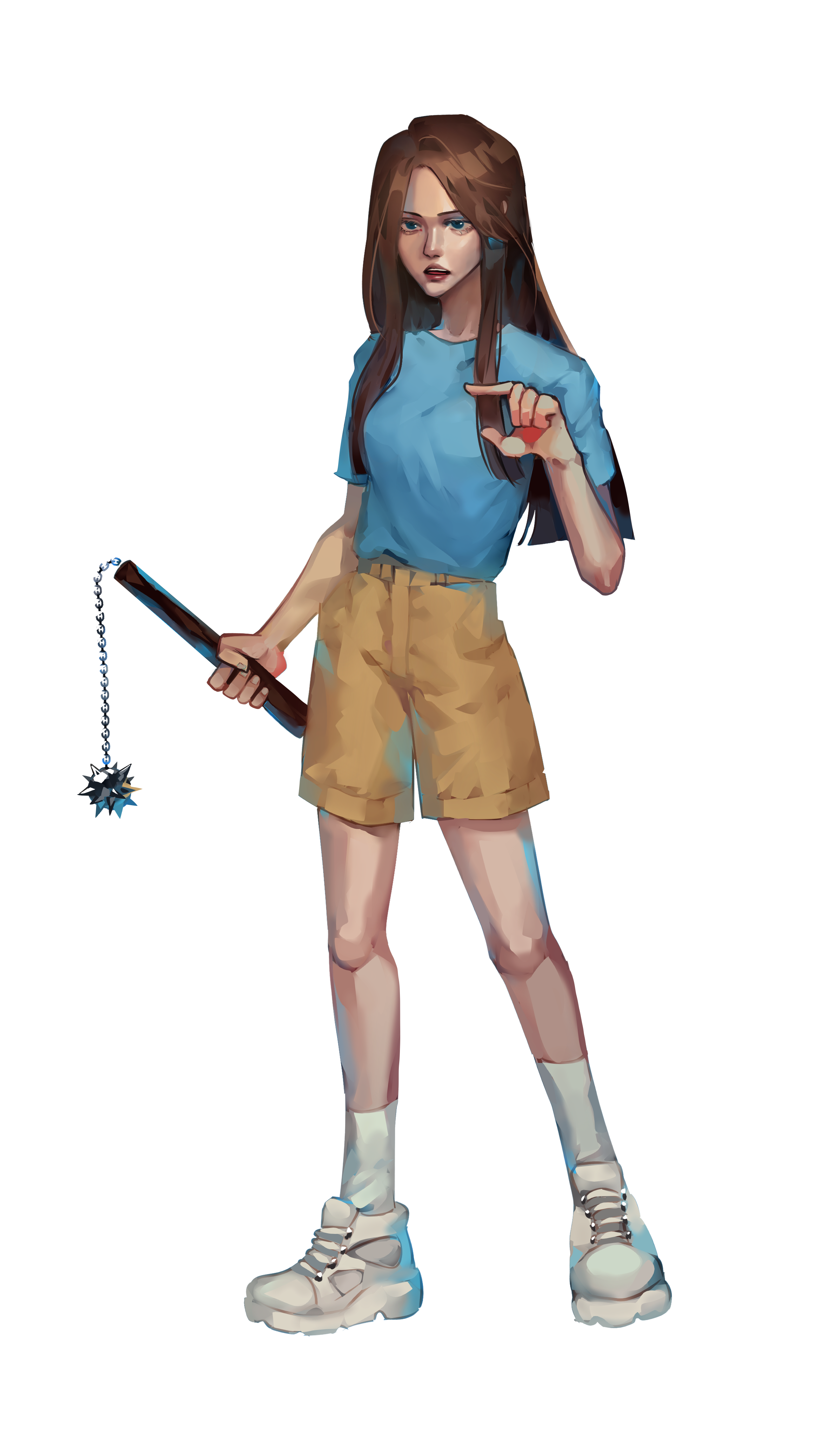 A young woman with long brown hair and blue eyes standing on a sports court with a tennis racket in her right hand, wearing a light blue t-shirt, beige shorts, white socks, and sneakers, pointing with her left hand.
