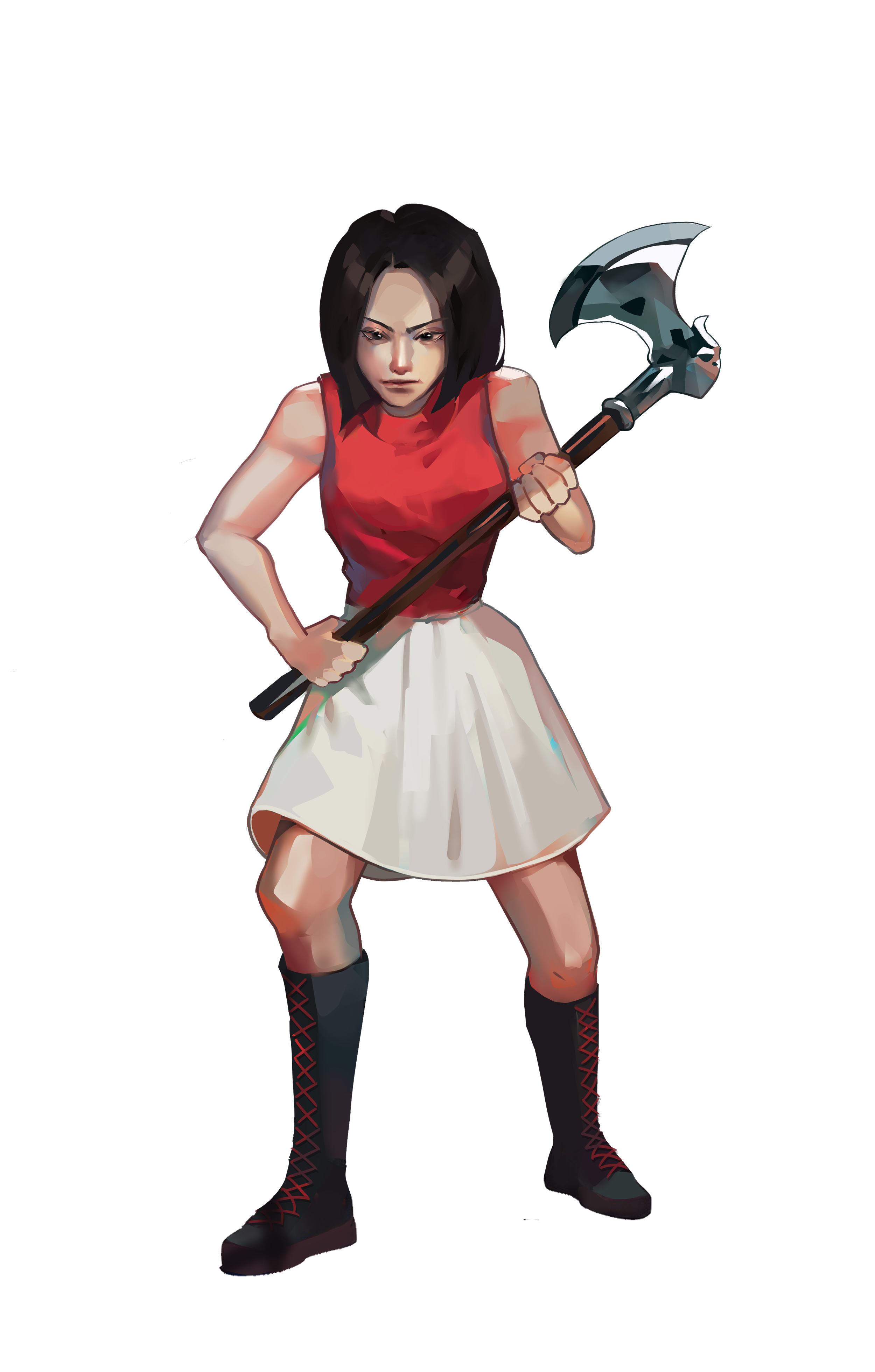 A woman with short dark hair wearing a red sleeveless top, white skirt, and black knee-high boots with red laces, holding an electric axe in a battle stance.