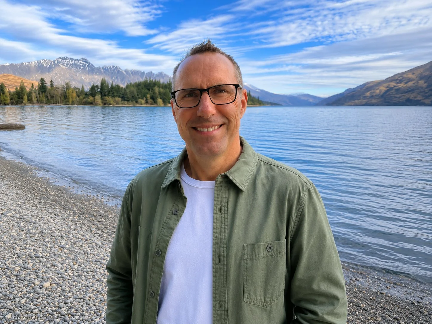 Smiling man with glasses and short hair standing on a rocky beach by a lake, with mountains and trees in the background under a partly cloudy sky.