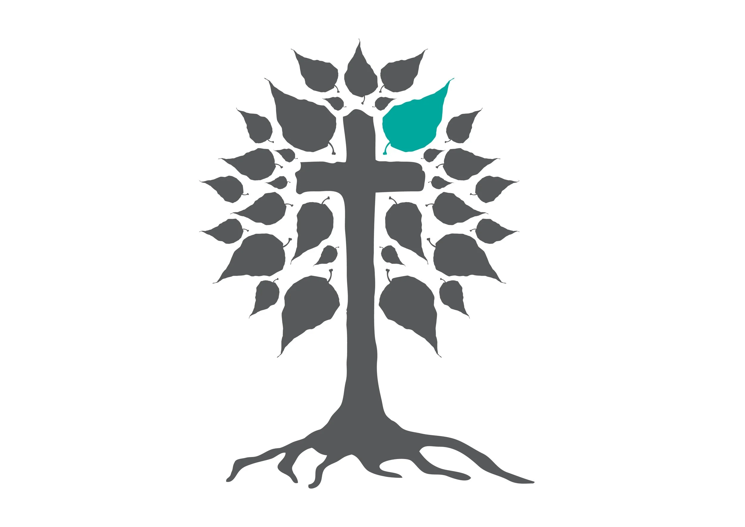 Silhouette of a tree with a cross as the trunk, with a butterfly perched on the right side of the cross.
