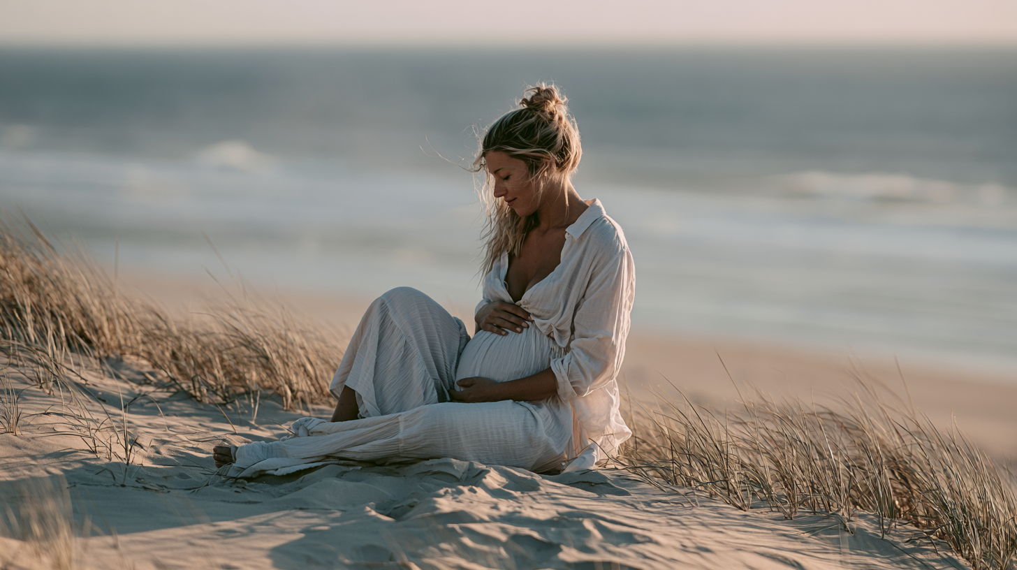 Pregnant woman sitting on the sand at the beach, gently holding her belly with her eyes closed and a serene expression, surrounded by tall beach grass at sunset.