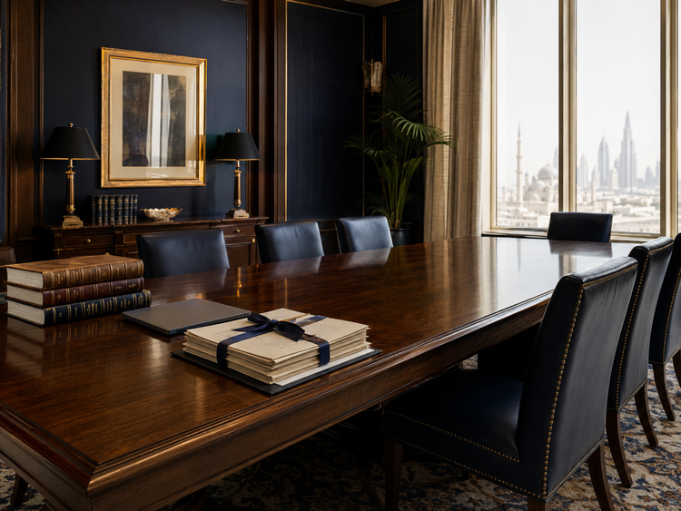 An institutional boardroom with a dark walnut conference table, leather-bound legal volumes, and a city skyline visible through tall windows