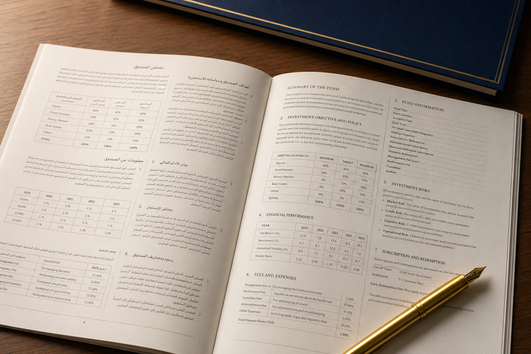Close-up of a bilingual Arabic-English financial prospectus with structured data columns and a gold fountain pen
