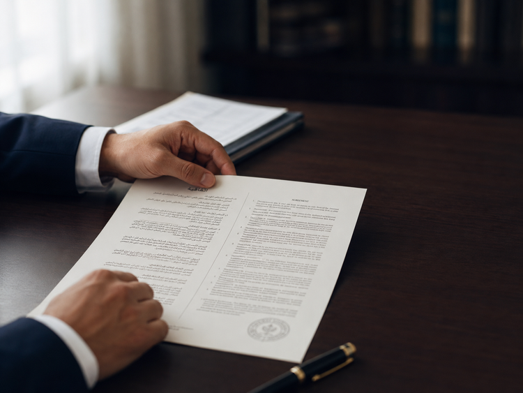 Translator reviewing a bilingual Arabic-English legal document with official seal at a law office desk