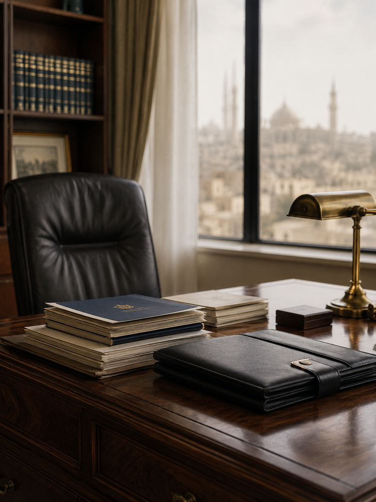 A quiet legal office workspace with bilingual documents, a leather portfolio, and a city skyline visible through the window