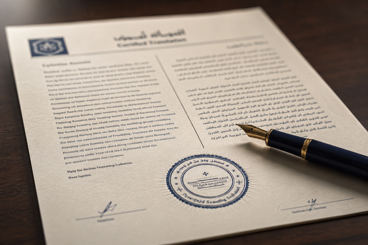 Official certified bilingual Arabic-English legal document with a circular notarial stamp and fountain pen