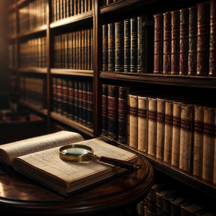 A legal archive bookshelf with leather-bound volumes, an open ledger and brass magnifying glass — communicating accumulated sector expertise