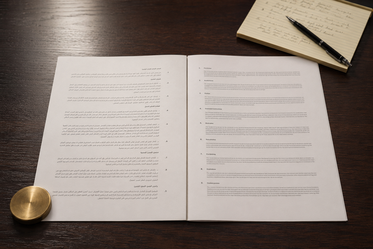 Open bilingual Arabic-English contract spread with handwritten review notes and a brass paperweight