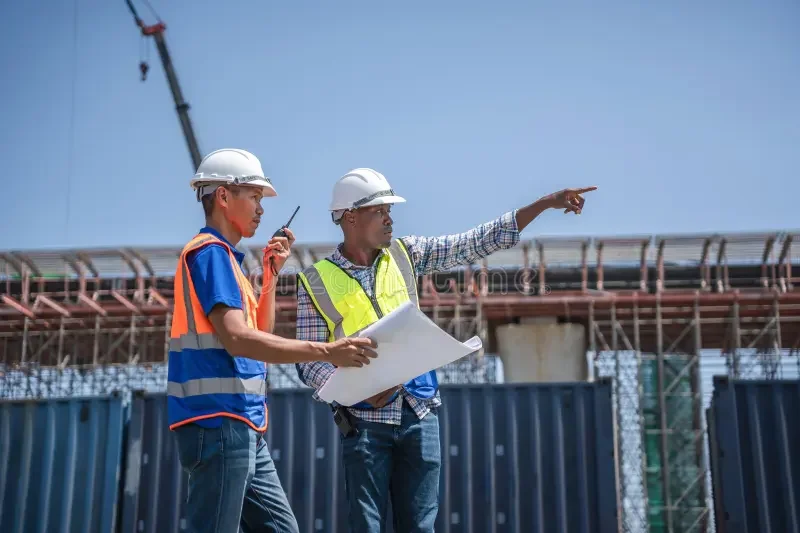 Two construction workers, one holding a radio and the other holding blueprints, discussing work at a construction site with a crane and a partially built structure in the background.