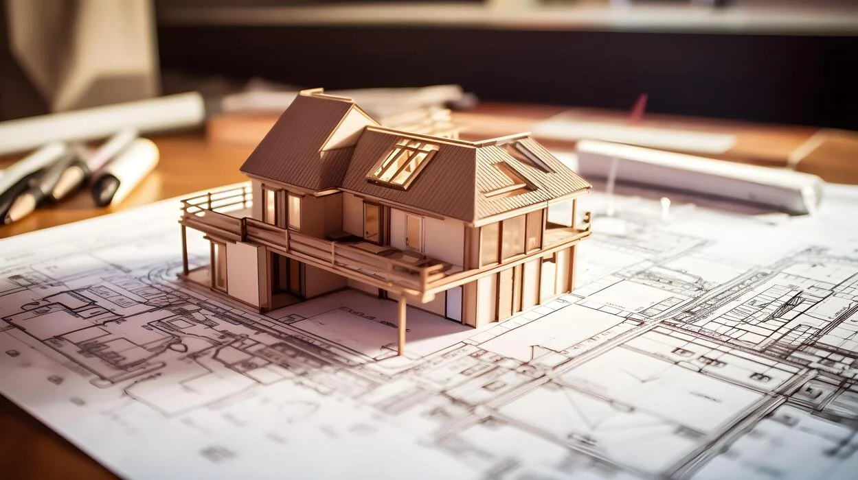 Architectural building model positioned on construction plans