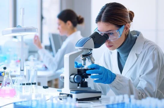 Scientist in a lab using a microscope with other scientists working in the background