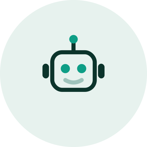 Icône d'un robot avec un visage souriant, deux yeux et une antenne en haut, illustration minimaliste.