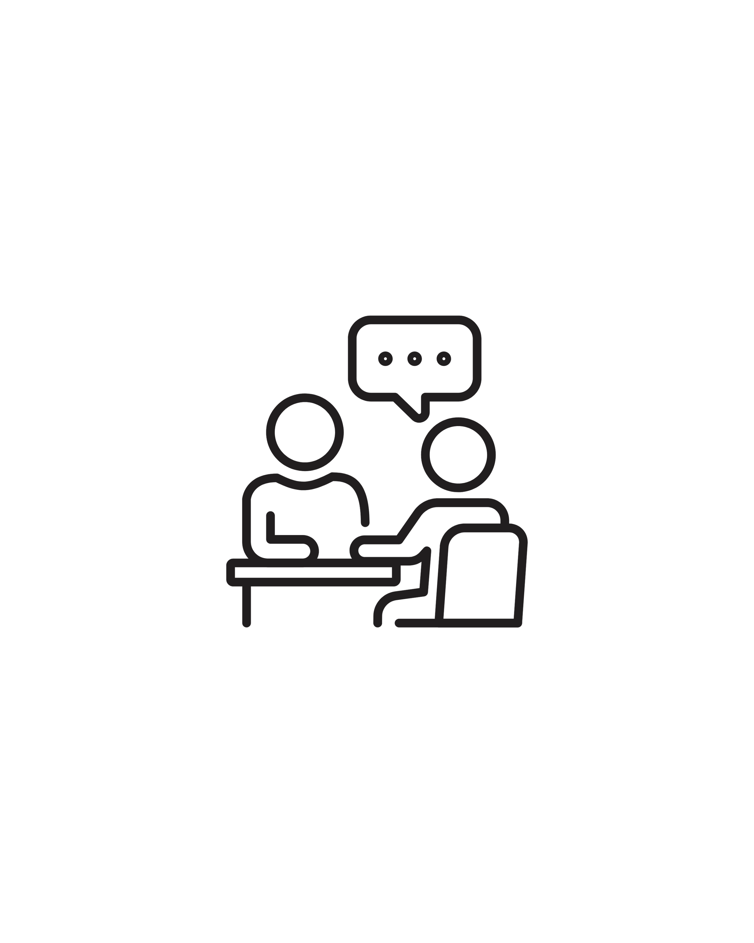 Outline of two people sitting at a table, one with a laptop, and a speech bubble indicating conversation