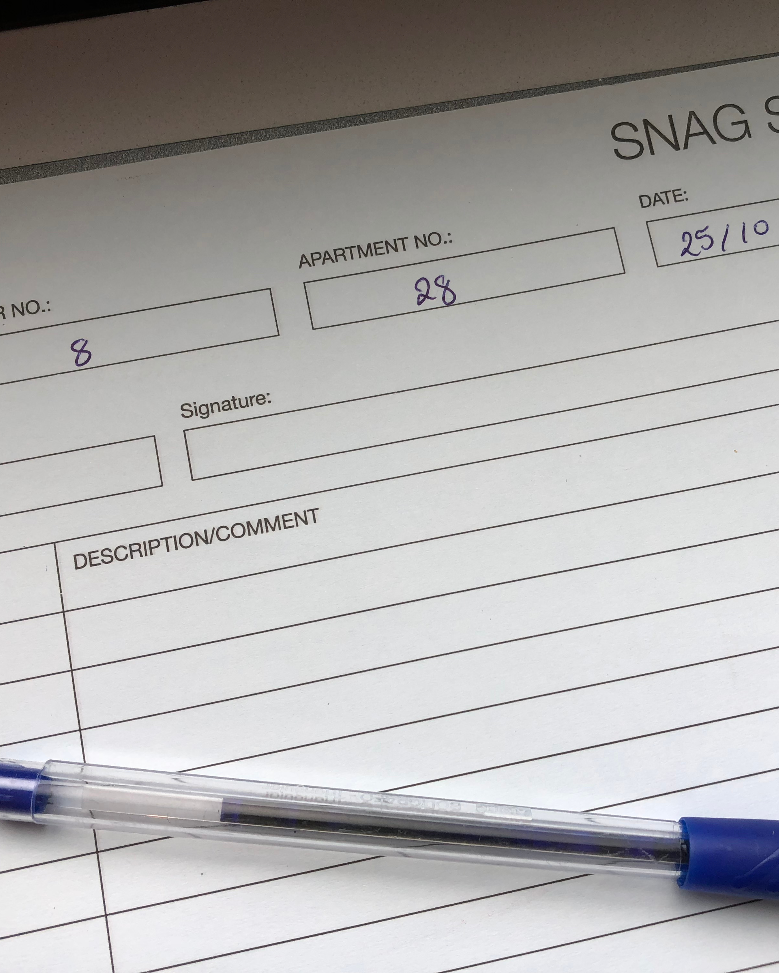 Close-up of a form titled 'SNAG' with handwritten entries, a pen laying across the paper, on a tiled surface.