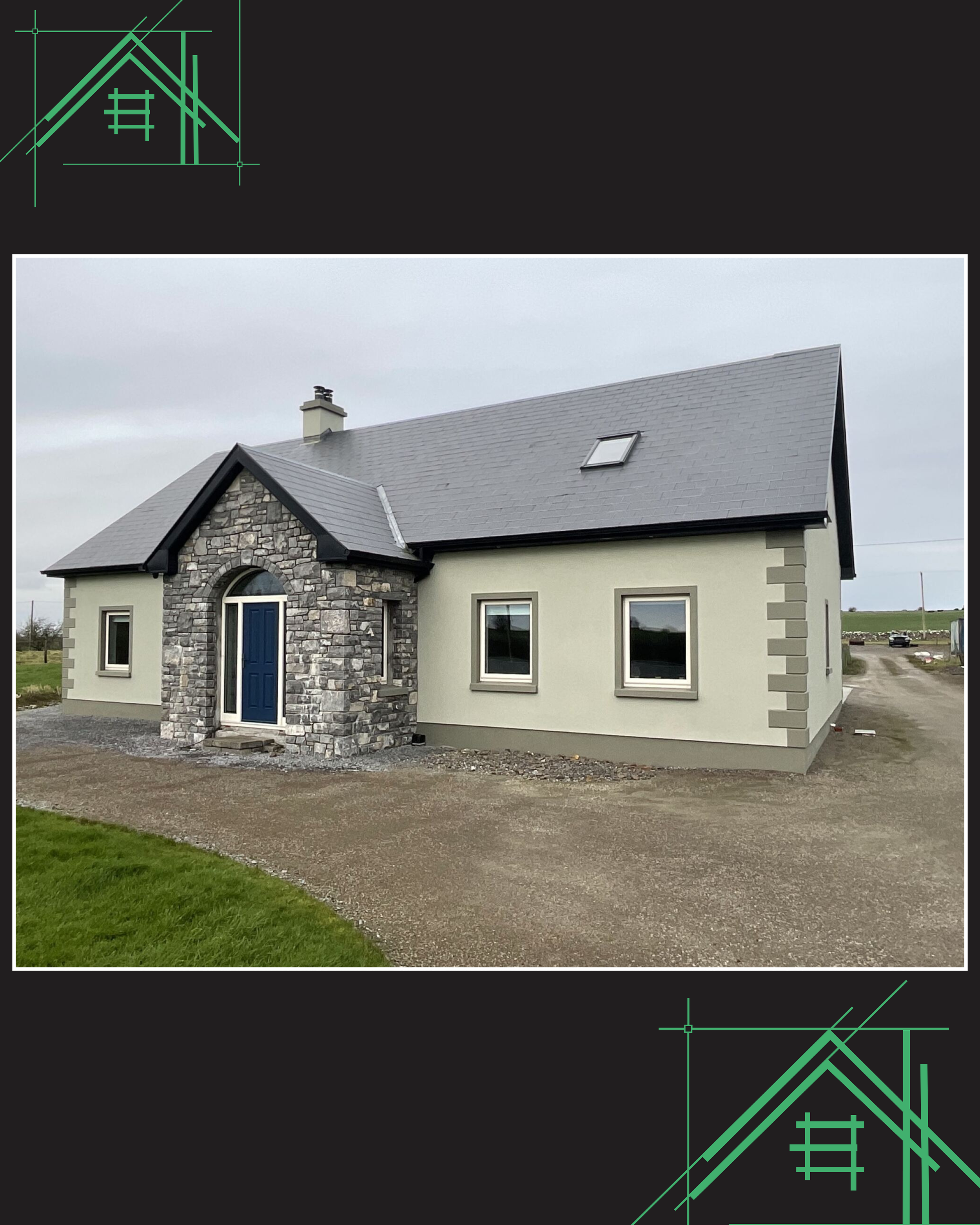 Photo of a modern house with a stone facade, gray roof, and multiple windows on a cloudy day.