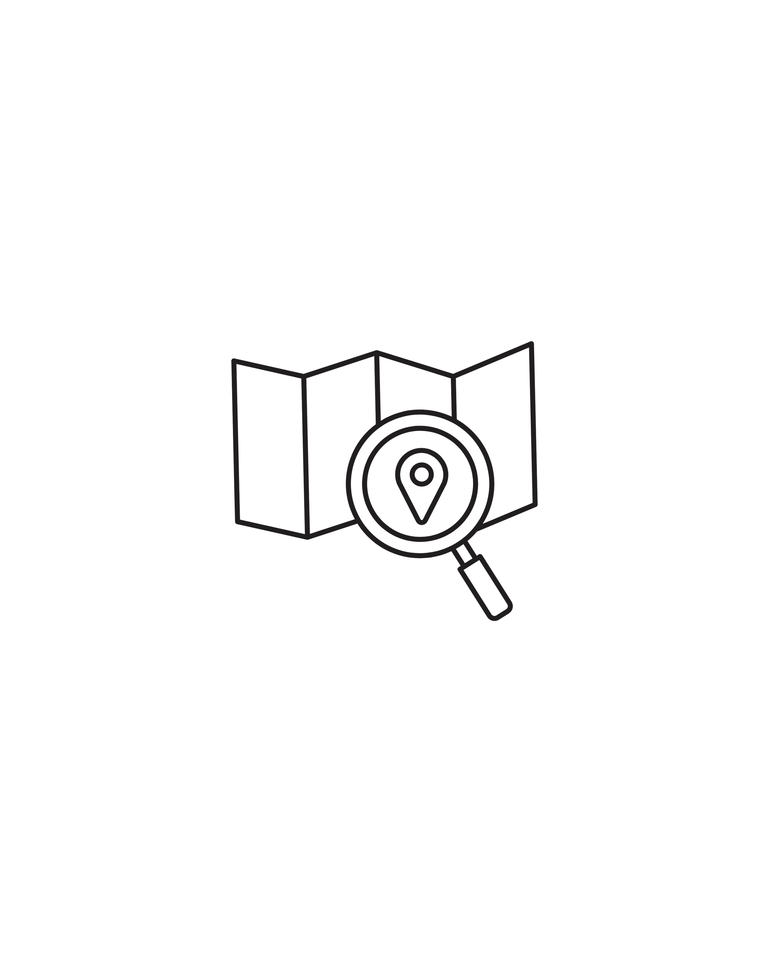 Outline of a map with a location pin and a magnifying glass.
