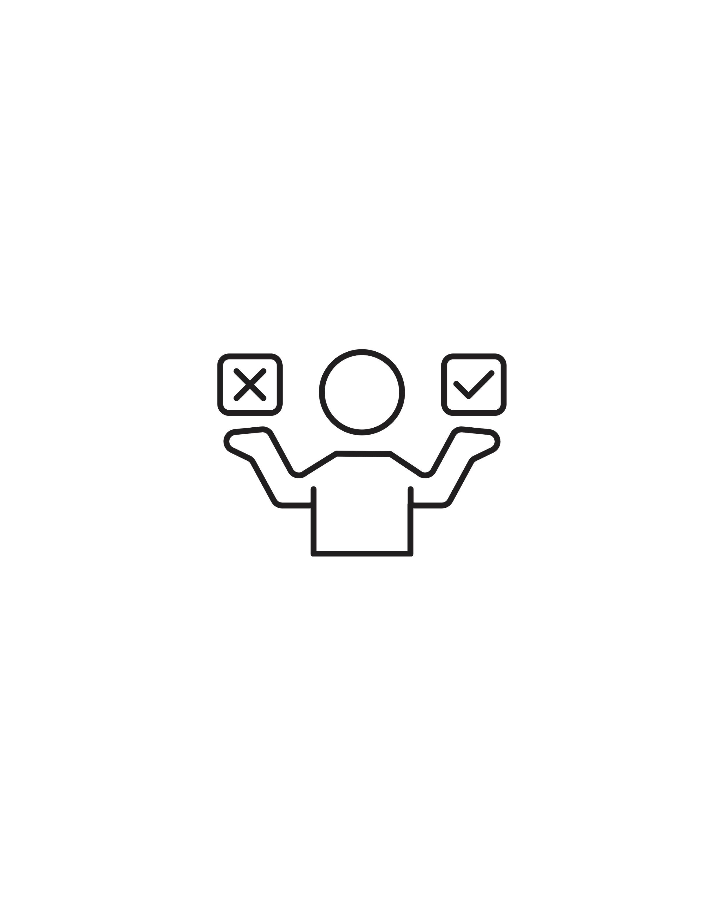 Outline illustration of a person with their arms raised, surrounded by four checkboxes with check marks and crosses.