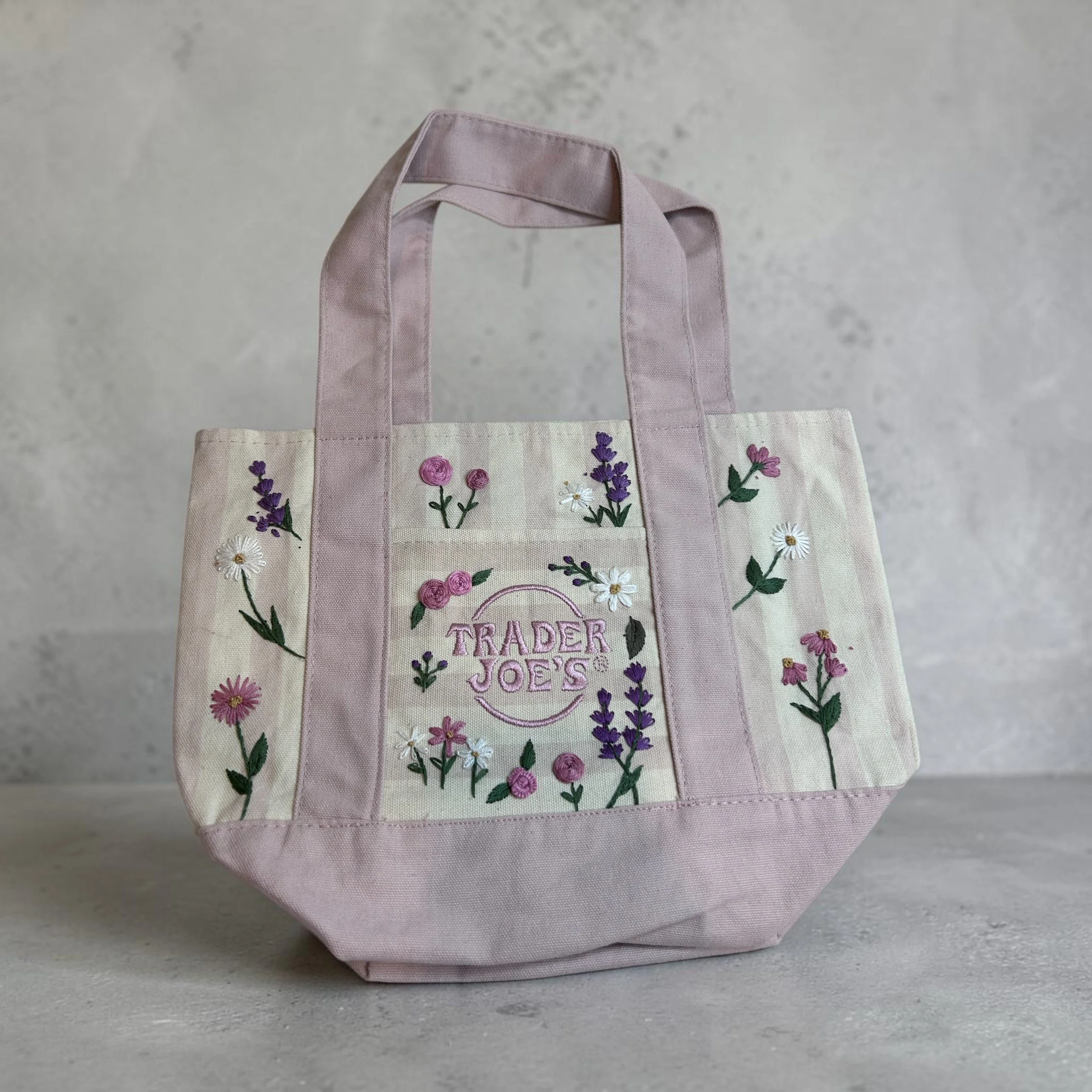 Trader Joe’s Pastel Canvas Mini Tote Bag — Hand Embroidered Flowers 🌸