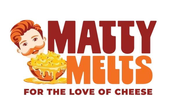 Logo for Matty Melts featuring a cartoon boy with red hair, a mustache, and a bowl of melted cheese, with the text "Matty Melts" and the slogan "For the Love of Cheese"