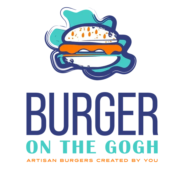 Logo for Burger on the Bogh featuring a stylized burger with lettuce, tomato, cheese, and bun, and text that says 'BURGER ON THE BOGH' in blue and teal.