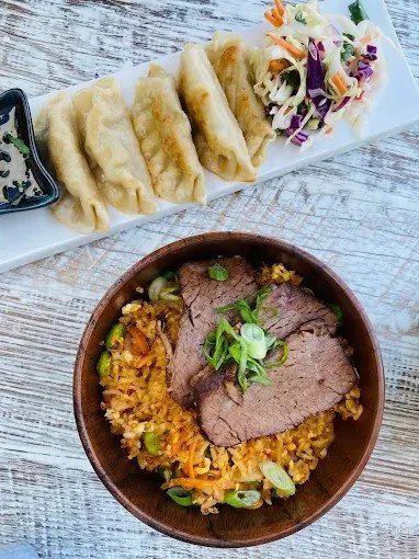 A white rectangular plate with fried dumplings and a side of coleslaw, and a bowl of rice topped with sliced beef and green onions.