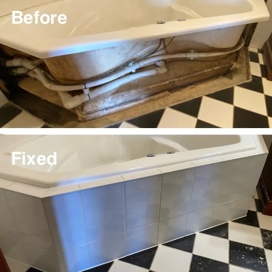 Comparison of bath surround that is open and exposed labeled ‘Before’ and a repaired bath surround with new timber frame, cement sheet panels and new tiles.