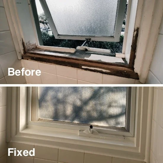 Comparison of a window sill before and after repair; the 'before' shows a wooden sill with peeling paint and dirt, the 'fixed' shows a clean, repainted window sill with no damage.