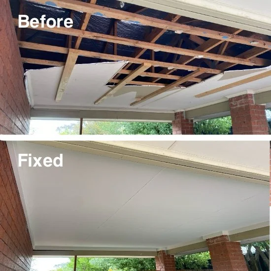 Comparison of damaged garage carport ceiling with new sheets installed.