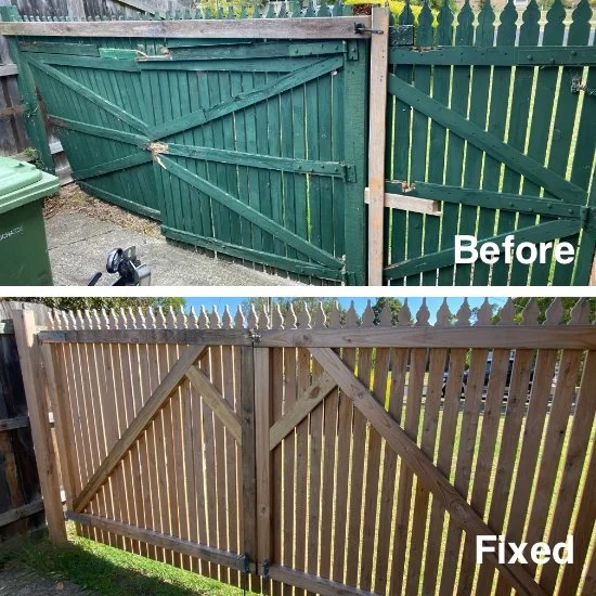 Comparison of a damaged timber gate labeled “Before” and a fully rebuilt timber gate labeled ‘Fixed’.