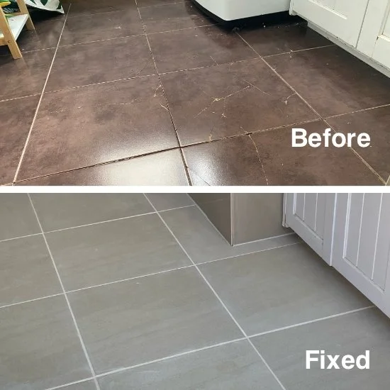 Comparison of cracked and loose floor tiles replaced with new tiles.