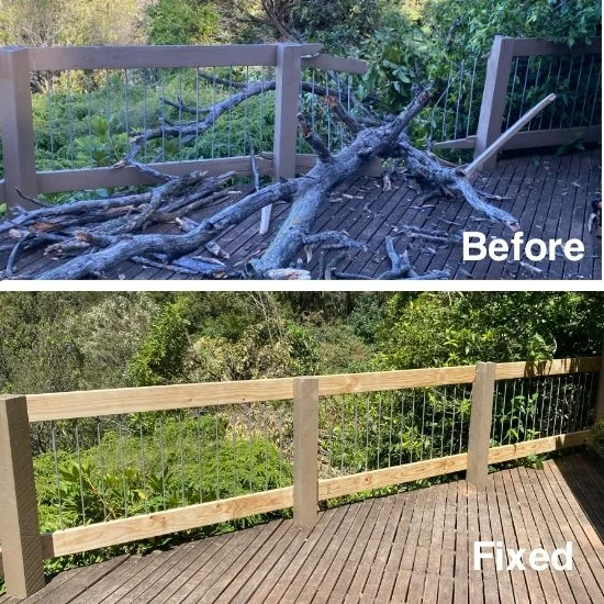 Comparison of deck rail damaged by fallen branch labeled 'Before' and a rail repaired and restored to original condition labeled ‘Fixed”.