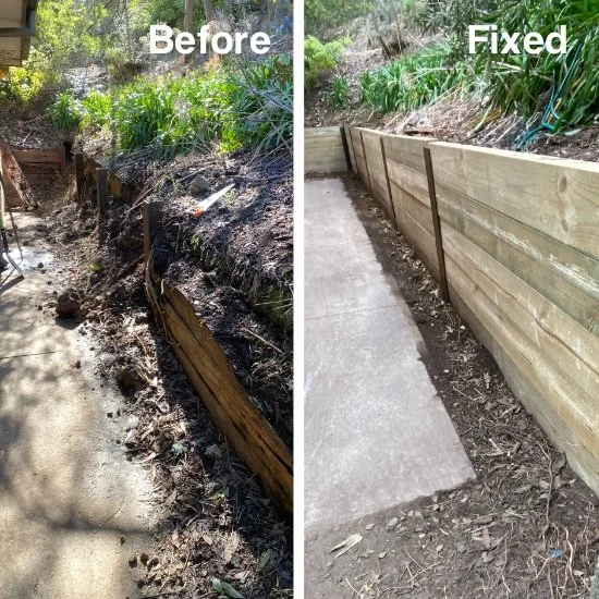 Comparison of a rotted and damaged wooden retaining wall labeled 'Before' and a repaired wooden retaining wall on the right labeled 'Fixed' along a sidewalk with surrounding vegetation.