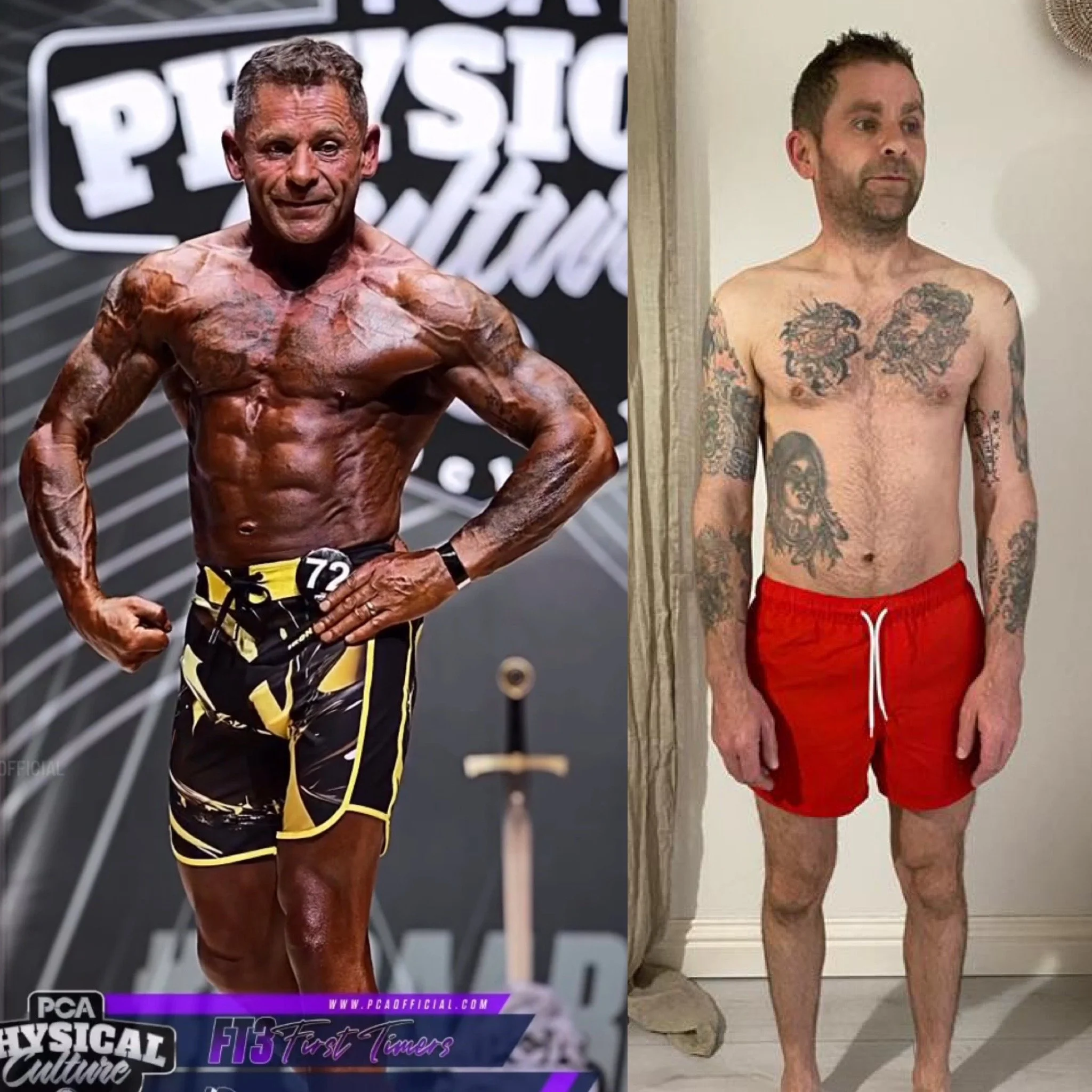 Two shirtless men with muscular builds and tattoos standing indoors. The man on the left has short gray hair and is posing with his hand on his hip, in front of a backdrop with text. The man on the right has short dark hair, a beard, and is wearing red shorts, standing against a plain wall.