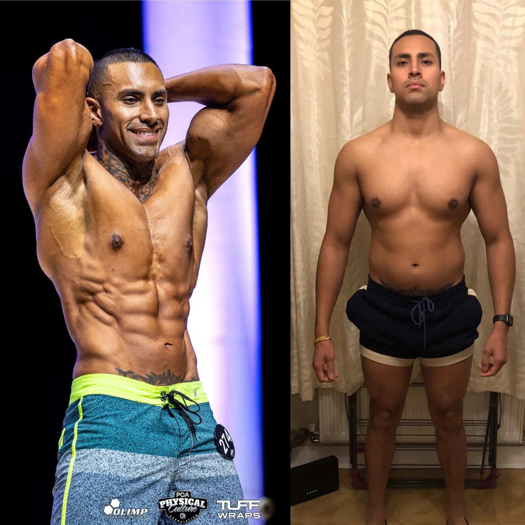Two shirtless men pose for photos. The man on the left has a muscular build, tattoos, and is smiling with his hands behind his head, wearing yellow and teal shorts. The man on the right has a muscular build, short dark hair, and is standing with a neutral expression, wearing dark shorts with a drawstring, a gold bracelet, and a black watch, standing in front of a beige curtain.