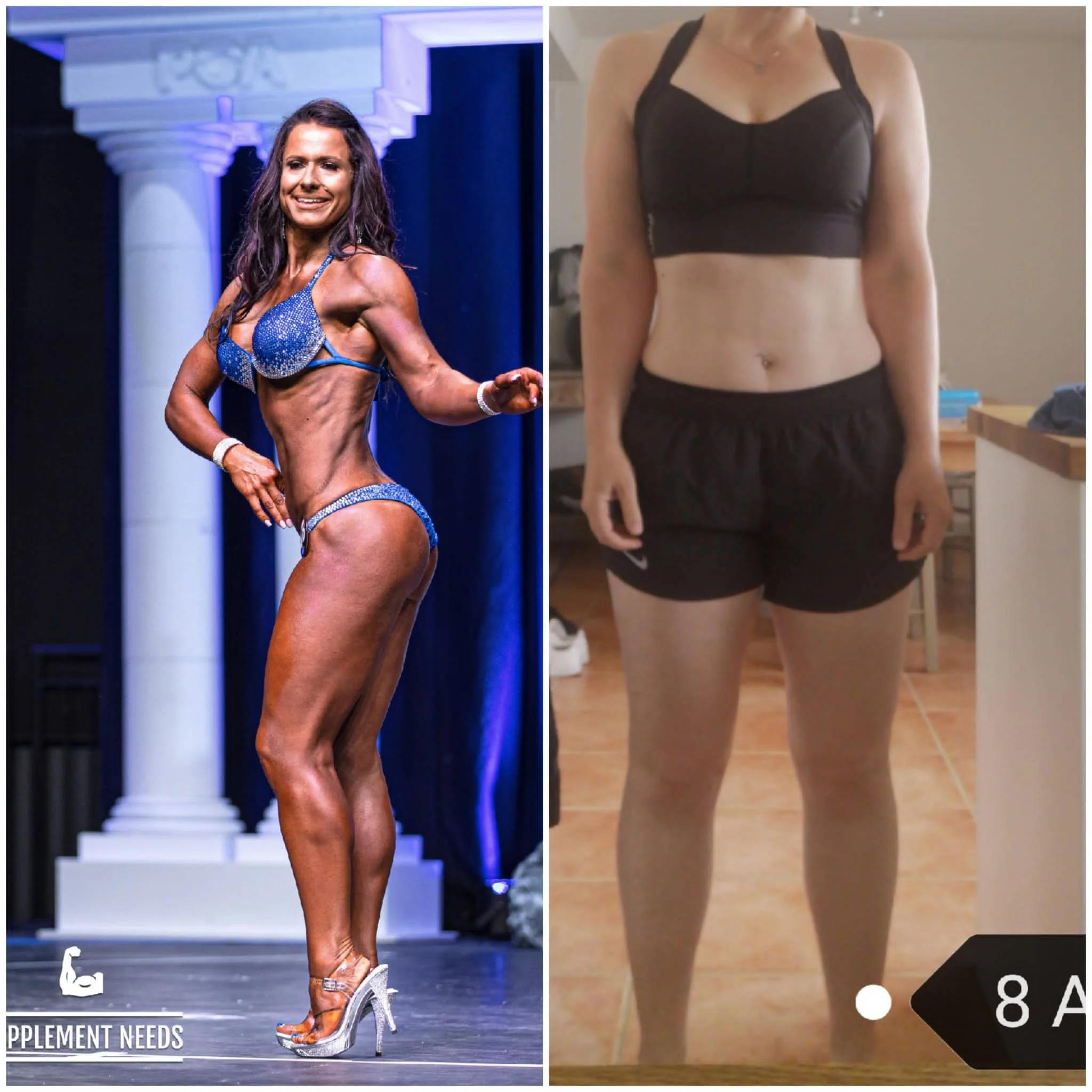 Left side shows a female bodybuilder in a blue bikini on stage at a competition, posing with a smile and muscle flexing; right side shows a woman in a black sports bra and shorts standing indoors, with only torso visible.